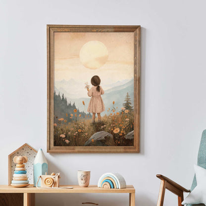 Girly Wall Art Print, Toddler Girl with Flowers, Wildflower Decor - WildfieldPrints