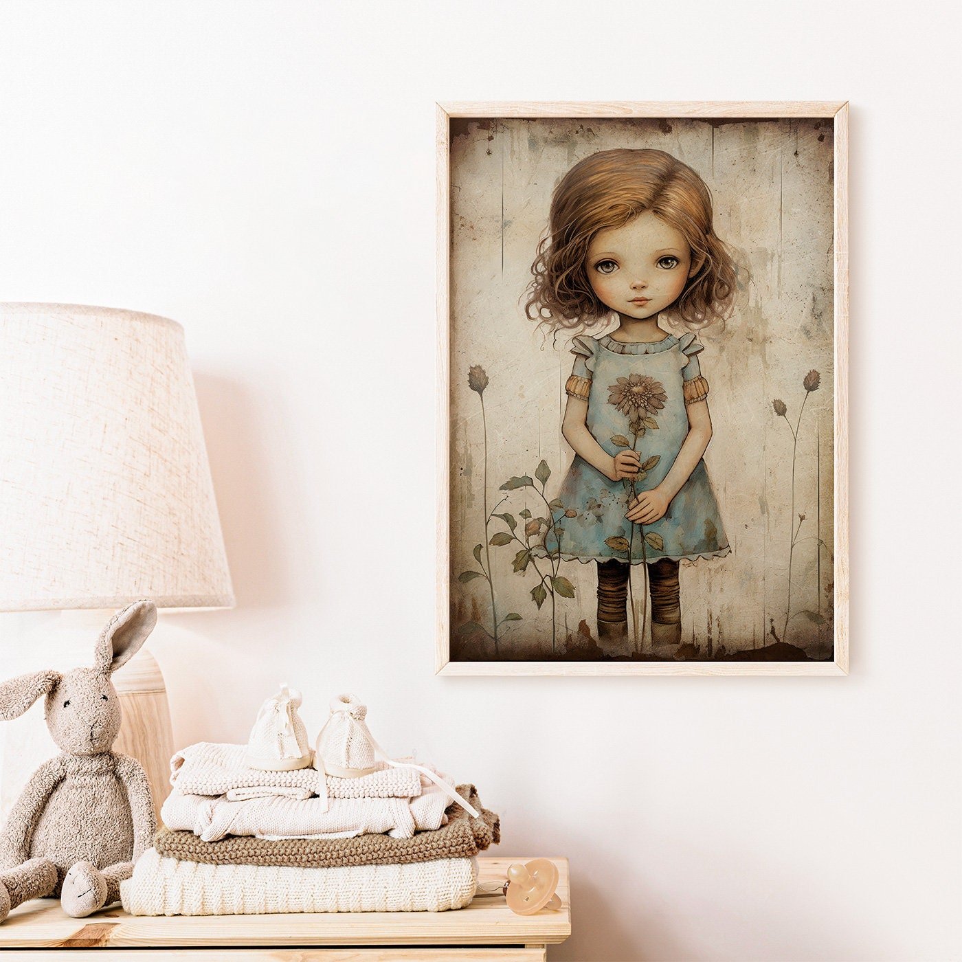 Girly Wall Art Print, Toddler Girl with Flowers, Wildflower Decor - WildfieldPrints