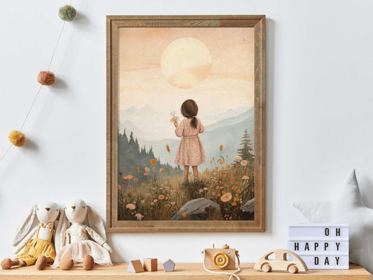 Girly Wall Art Print, Toddler Girl with Flowers, Wildflower Decor - WildfieldPrints