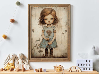 Girly Wall Art Print, Toddler Girl with Flowers, Wildflower Decor - WildfieldPrints