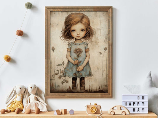 Girly Wall Art Print, Toddler Girl with Flowers, Wildflower Decor - WildfieldPrints