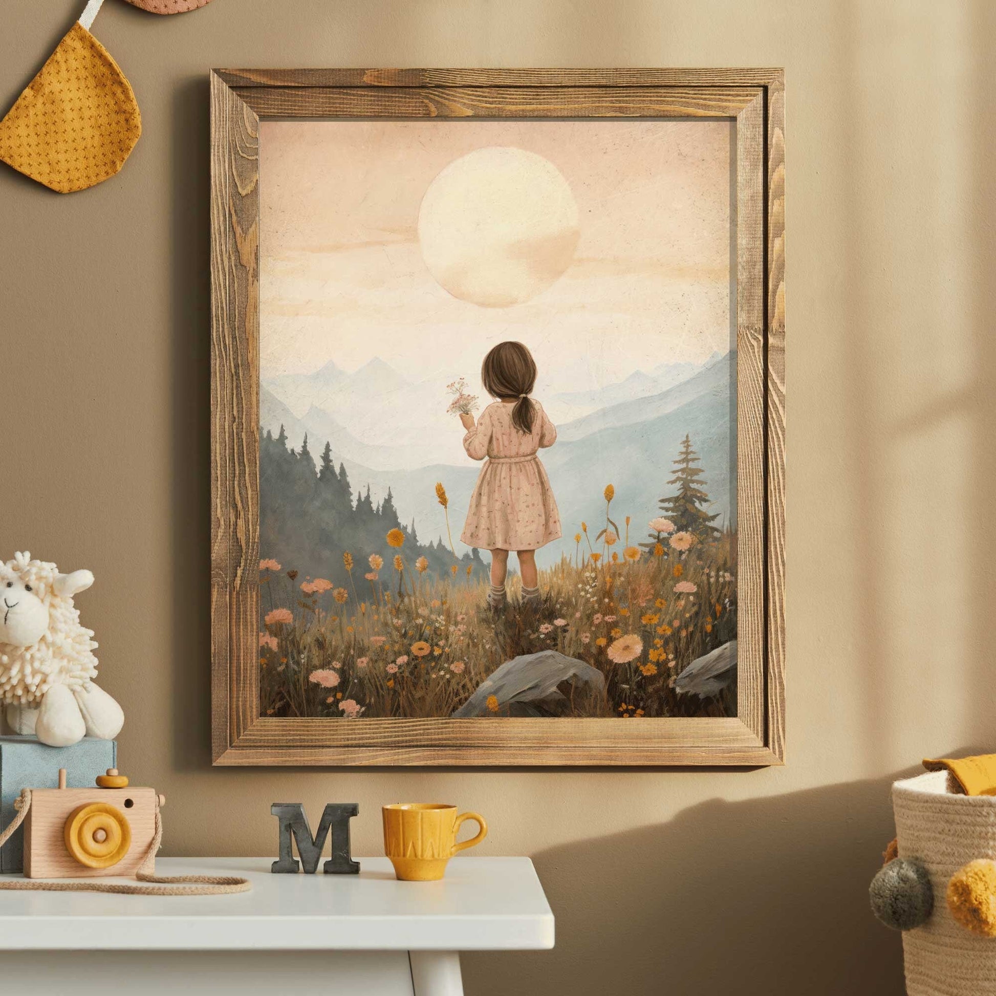 Girly Wall Art Print, Toddler Girl with Flowers, Wildflower Decor - WildfieldPrints