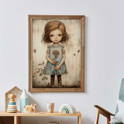 Girly Wall Art Print, Toddler Girl with Flowers, Wildflower Decor - WildfieldPrints