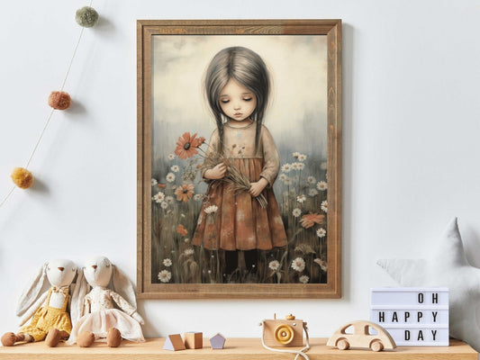 Girly Wall Art Print, Toddler Girl with Flowers, Wildflower Decor - WildfieldPrints