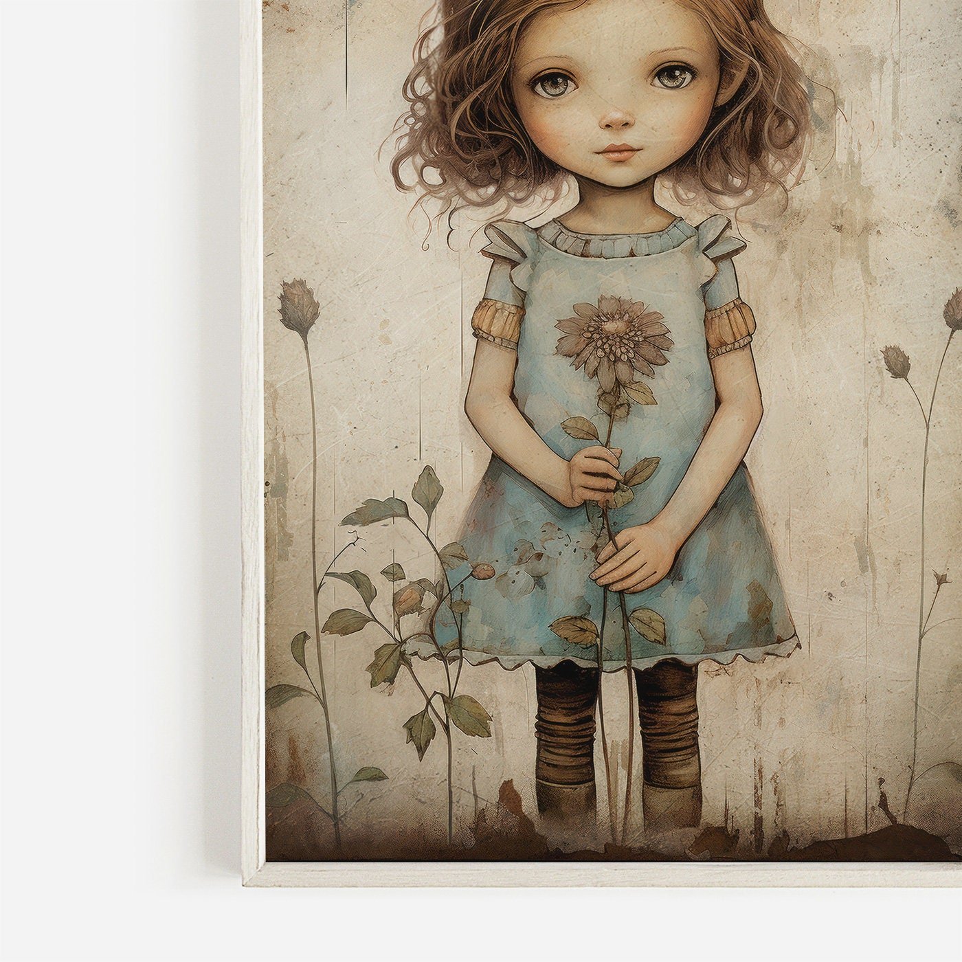 Girly Wall Art Print, Toddler Girl with Flowers, Wildflower Decor - WildfieldPrints