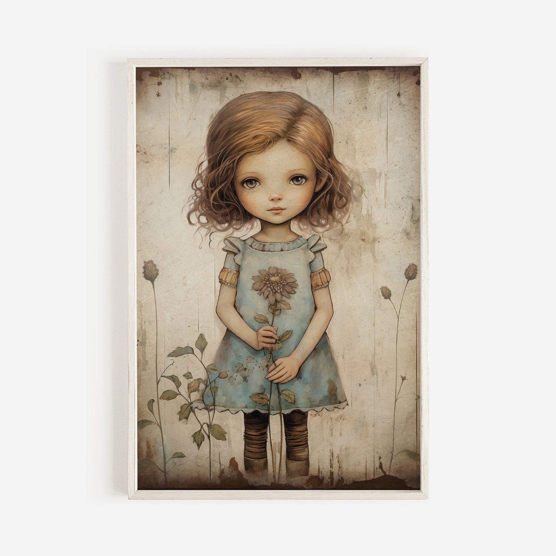 Girly Wall Art Print, Toddler Girl with Flowers, Wildflower Decor - WildfieldPrints