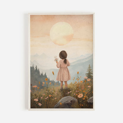 Girly Wall Art Print, Toddler Girl with Flowers, Wildflower Decor - WildfieldPrints