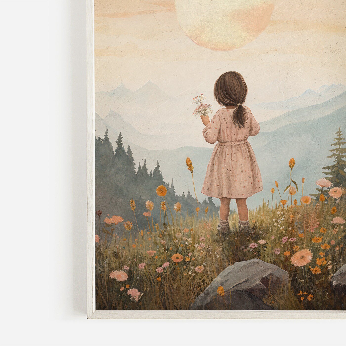 Girly Wall Art Print, Toddler Girl with Flowers, Wildflower Decor - WildfieldPrints