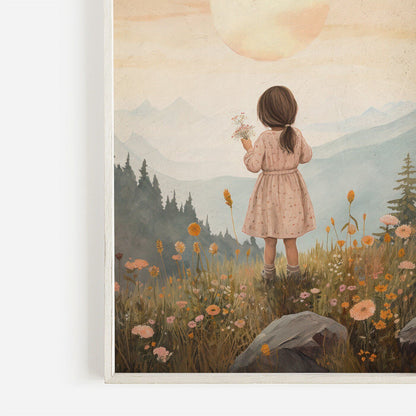 Girly Wall Art Print, Toddler Girl with Flowers, Wildflower Decor - WildfieldPrints