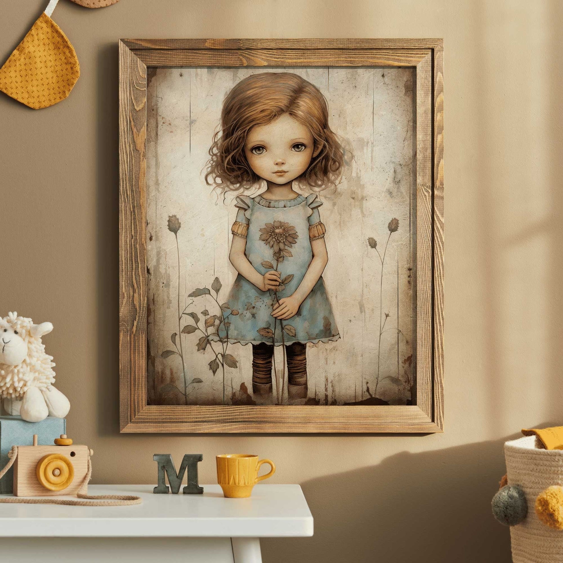 Girly Wall Art Print, Toddler Girl with Flowers, Wildflower Decor - WildfieldPrints