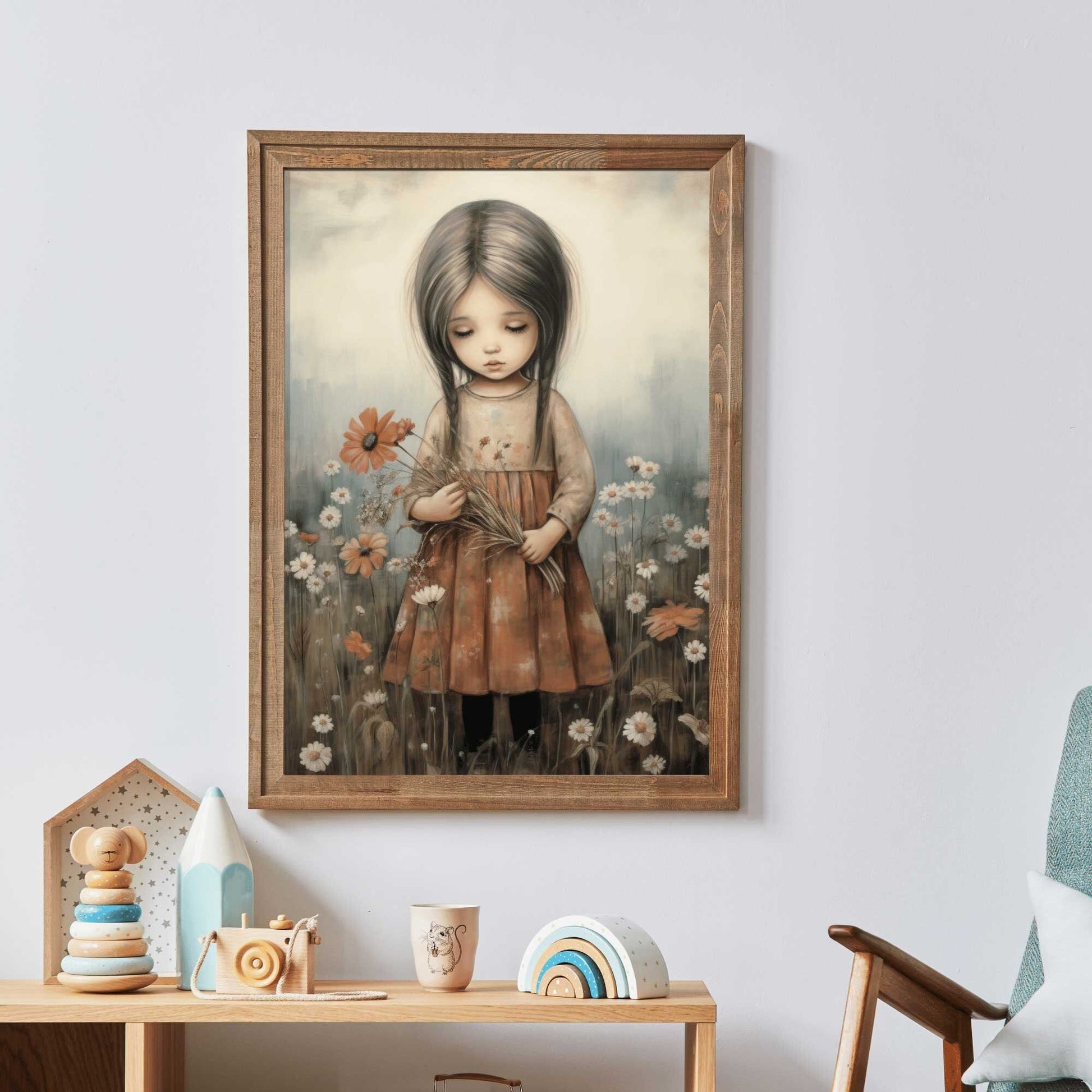 Girly Wall Art Print, Toddler Girl with Flowers, Wildflower Decor - WildfieldPrints