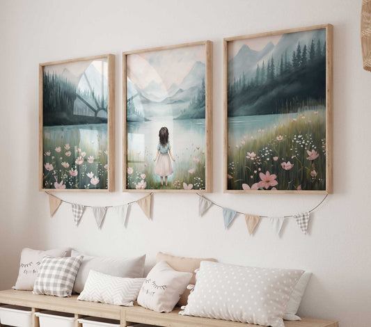 Girly Wall Art Print, Vintage Nursery Decor, Girl with Flowers - WildfieldPrints