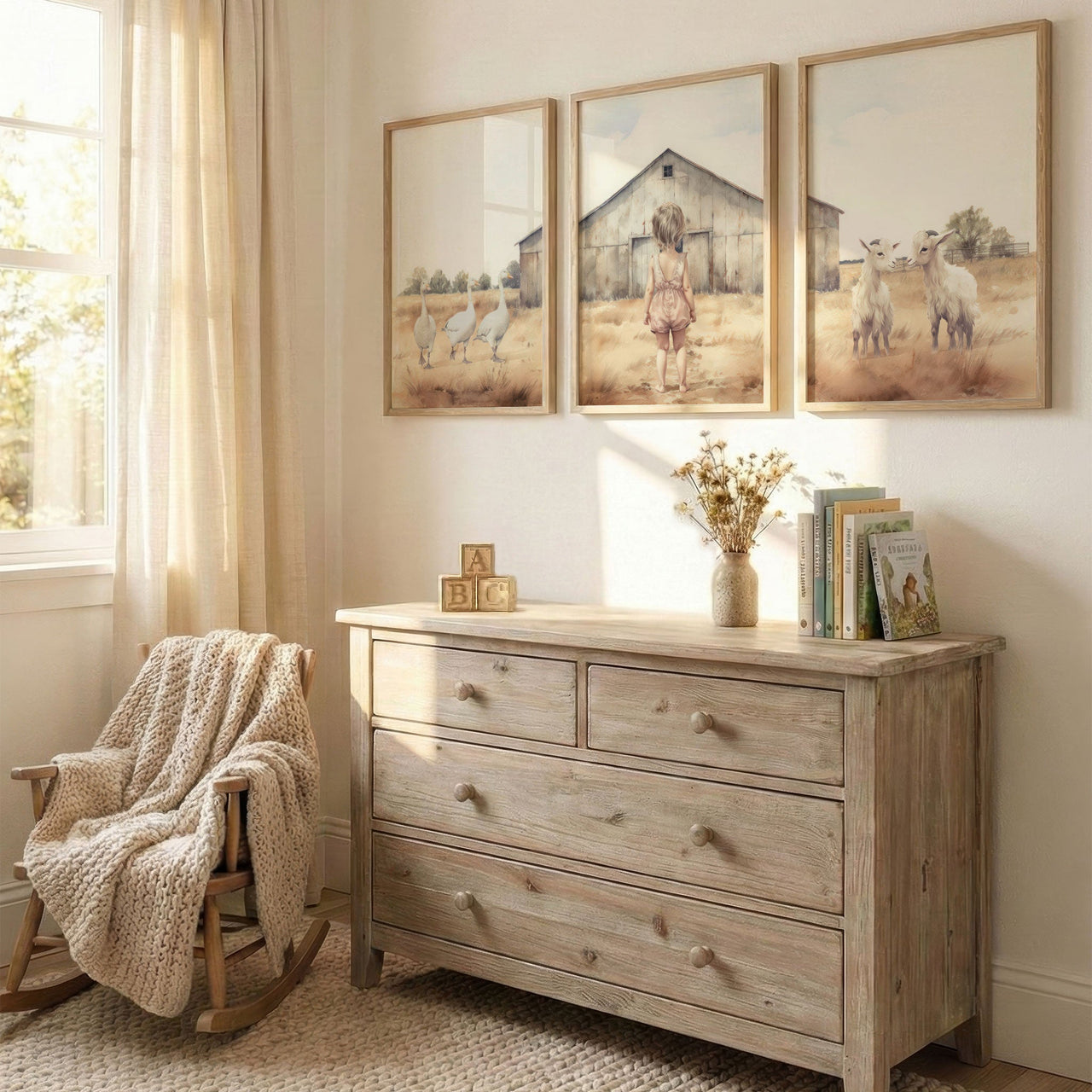 Goat and Goose Wall Art – Farm Nursery Print for Girls • Set of 3
