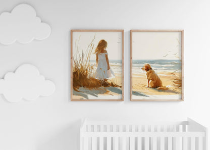 Golden Retriever Art, Girl and Dog Painting, Nursery Wall Decor - WildfieldPrints