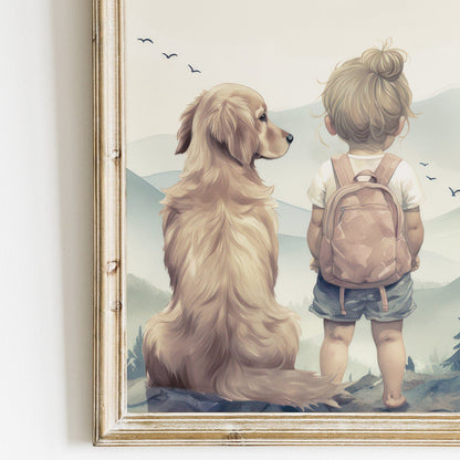 Golden Retriever Nursery Art, Girl & Dog Prints, Puppy Wall Decor - WildfieldPrints