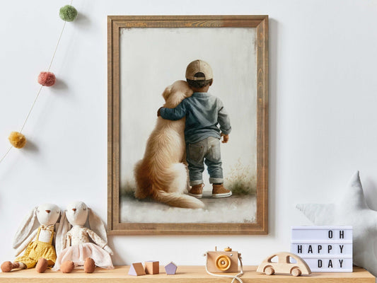Golden Retriever Nursery Decor, African - American Boy Wall Art, Dog Art - WildfieldPrints