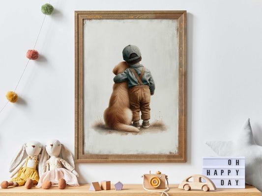 Golden Retriever Nursery Decor, Boy and Dog Art Print, Puppy Wall Art - WildfieldPrints