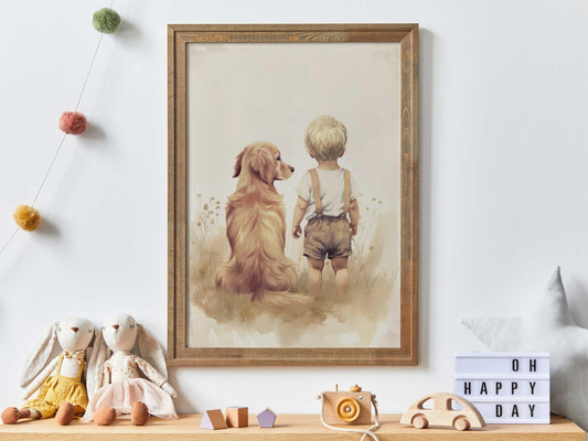 Golden Retriever Nursery Decor Boy, Boy & Golden Retriever Art, Dog Nursery Art, Golden Retriever Painting, Printable Dog Wall Art for Kids - My Store
