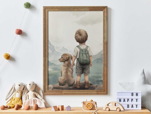 Golden Retriever Nursery Decor, Boy & Dog Painting, Puppy Wall Art - WildfieldPrints