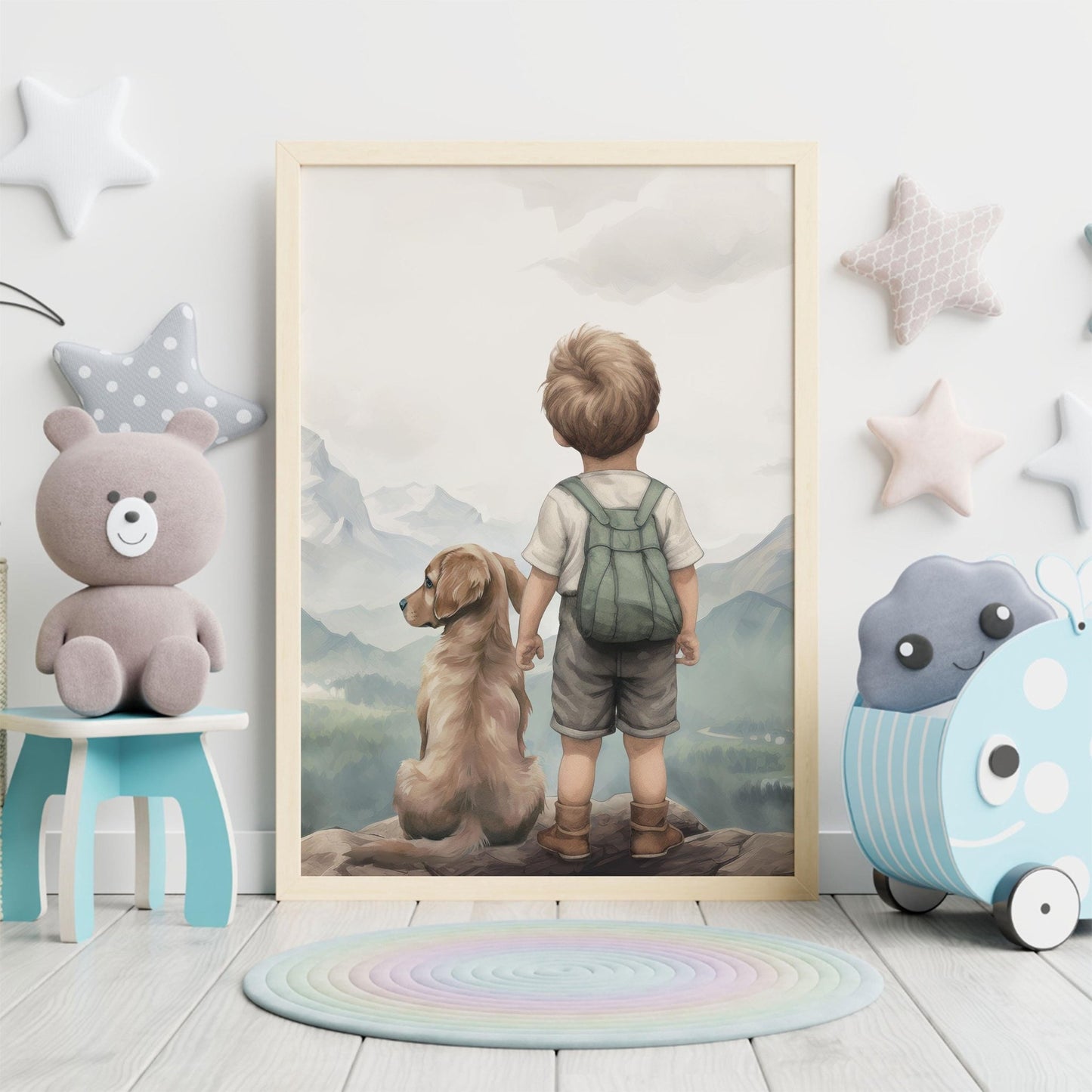 Golden Retriever Nursery Decor, Boy & Dog Painting, Puppy Wall Art - WildfieldPrints