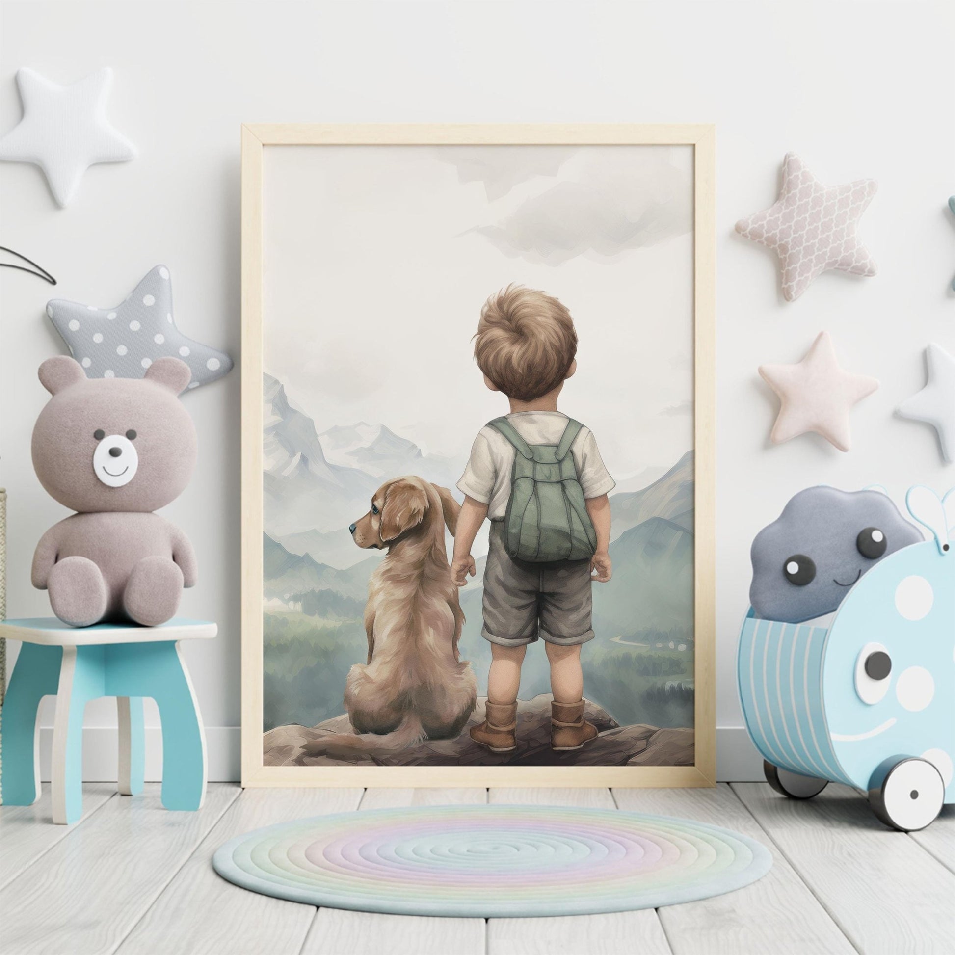Golden Retriever Nursery Decor, Boy & Dog Painting, Puppy Wall Art - WildfieldPrints