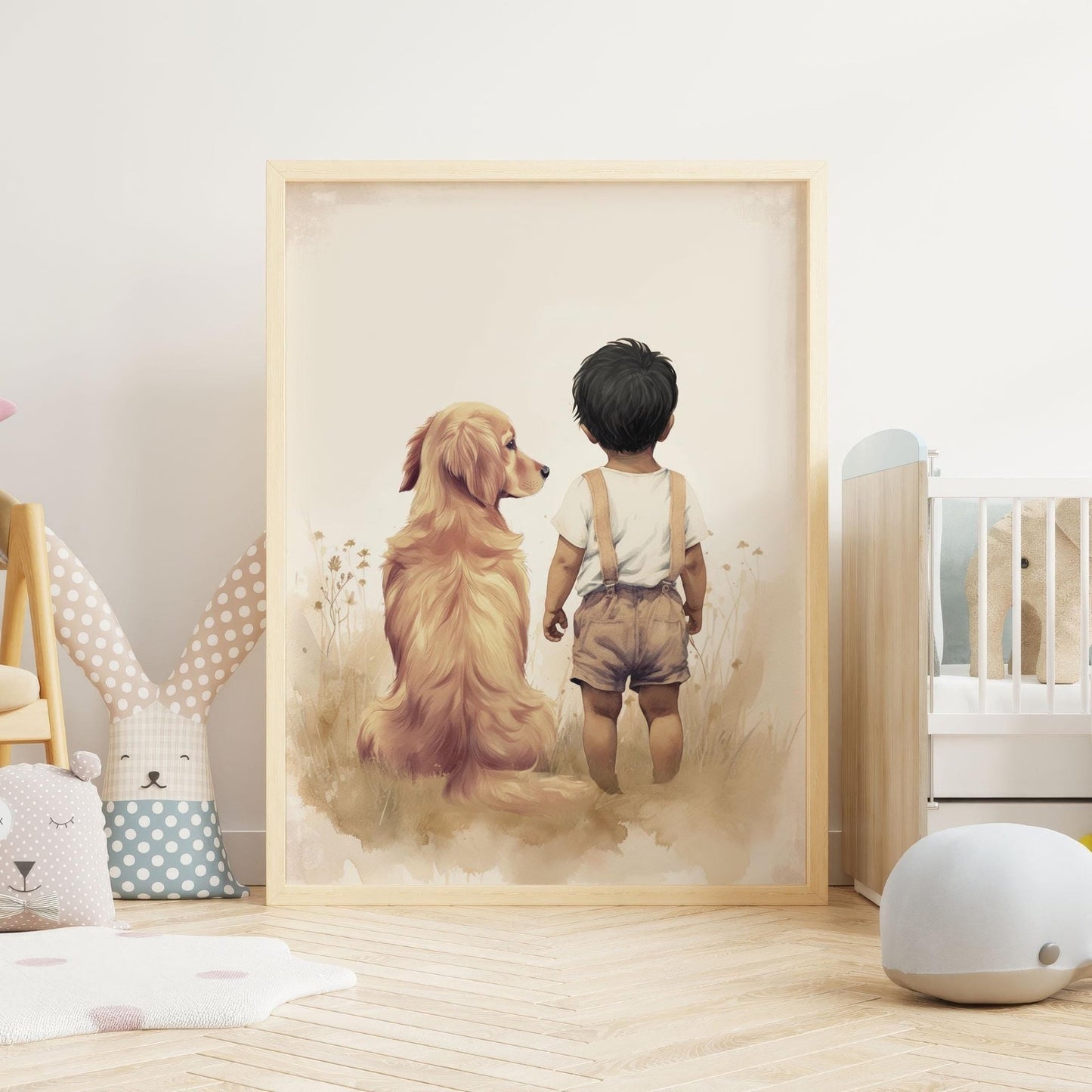 Golden Retriever Nursery Decor, Boy & Dog Wall Art, Cute Toddler Design - WildfieldPrints