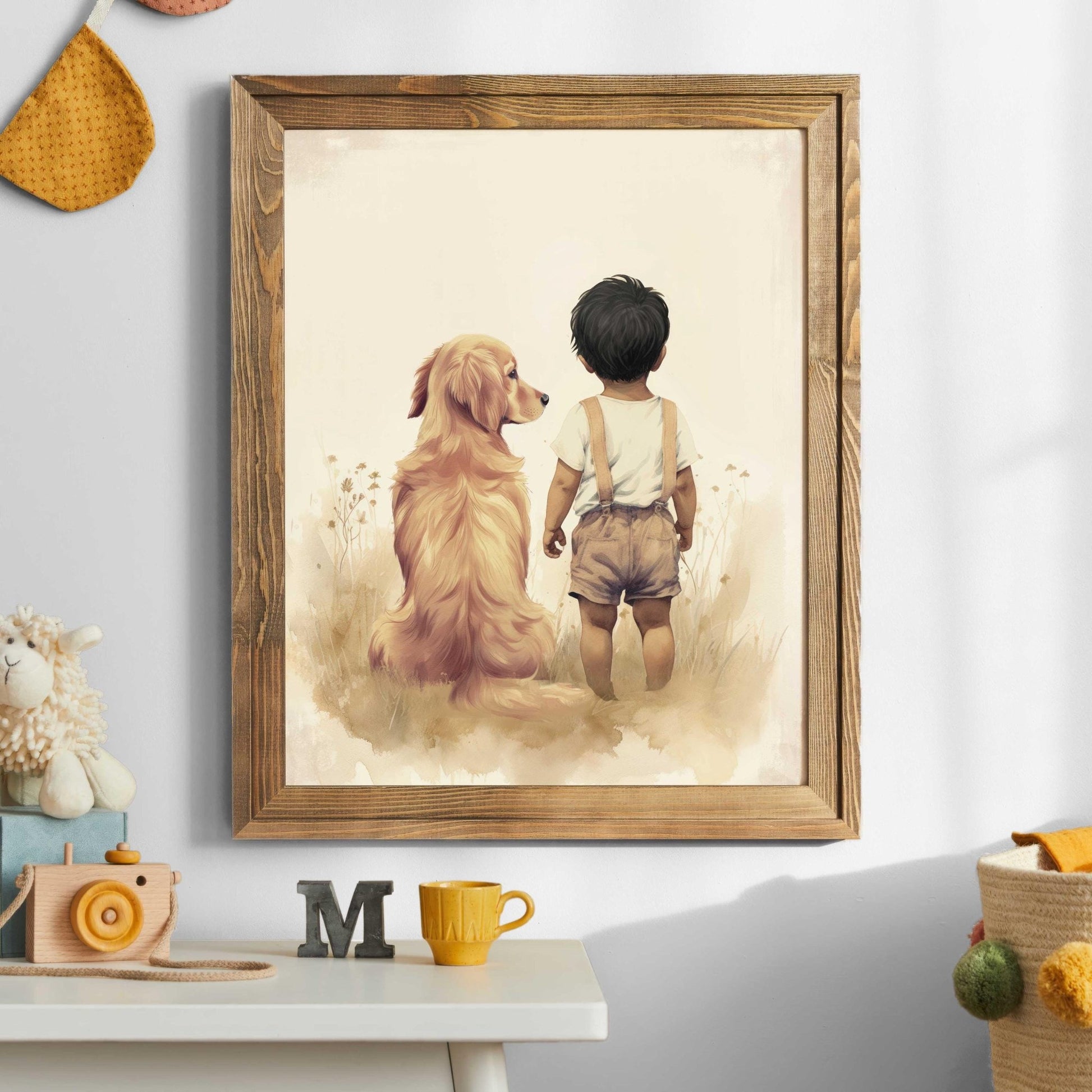 Golden Retriever Nursery Decor, Boy & Dog Wall Art, Cute Toddler Design - WildfieldPrints