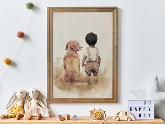 Golden Retriever Nursery Decor, Boy & Dog Wall Art, Cute Toddler Design - WildfieldPrints