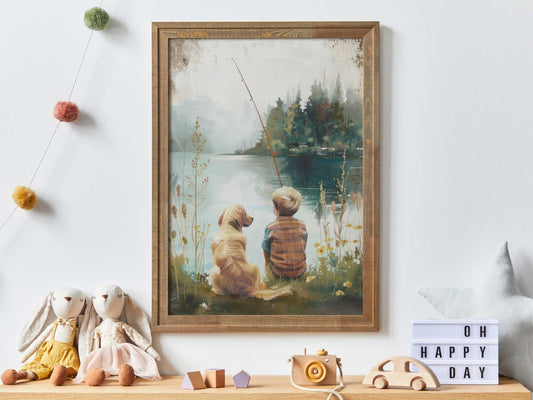 Golden Retriever Nursery Decor, Boys Room Painting, Fishing Wall Art, Lake Decor - WildfieldPrints