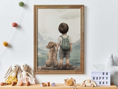 Golden Retriever Nursery Decor, Dog Theme Wall Art, Boy & Puppy Prints - WildfieldPrints