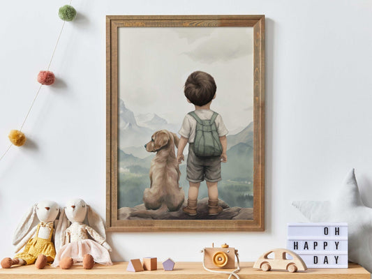 Golden Retriever Nursery Decor, Dog Theme Wall Art, Boy & Puppy Prints - WildfieldPrints