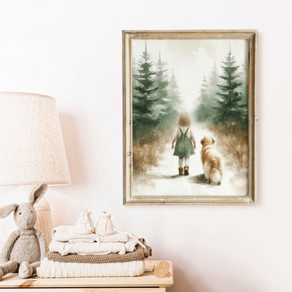 Golden Retriever Nursery Decor, Girl and Dog Print, Rustic Room Accent - WildfieldPrints