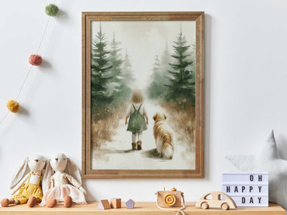 Golden Retriever Nursery Decor, Girl and Dog Print, Rustic Room Accent - WildfieldPrints