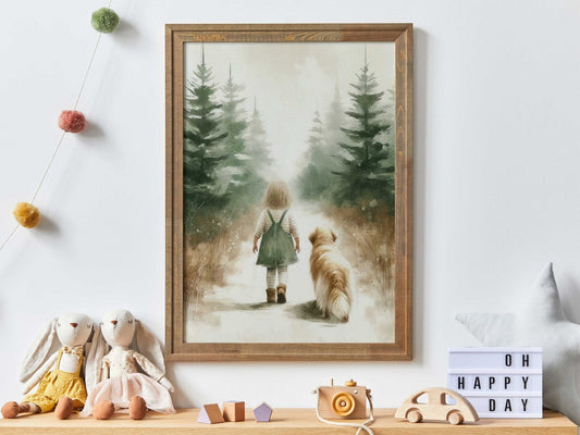 Golden Retriever Nursery Decor, Girl and Dog Print, Rustic Room Accent - WildfieldPrints