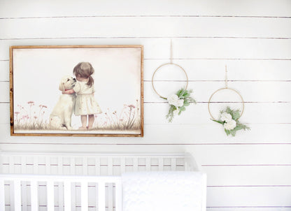 Golden Retriever Nursery Decor, Girl & Dog Art, Puppy Painting - WildfieldPrints