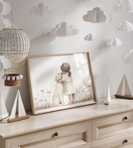 Golden Retriever Nursery Decor, Girl & Dog Art, Puppy Painting - WildfieldPrints