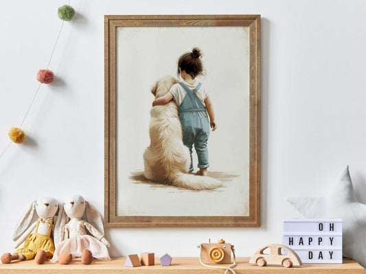 Golden Retriever Nursery Decor, Girl & Dog Artwork, Dog Themed Room - WildfieldPrints
