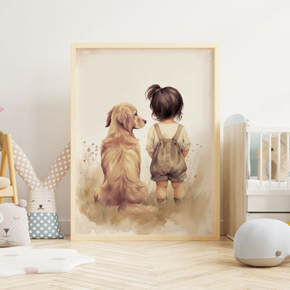 Golden Retriever Nursery Decor, Girl & Dog Painting, Baby Shower Gift - WildfieldPrints