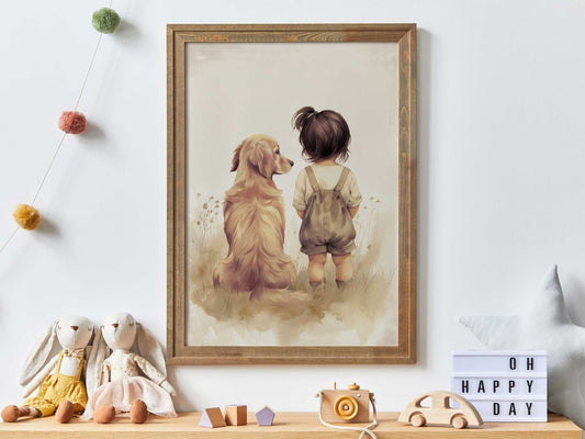 Golden Retriever Nursery Decor, Girl & Dog Painting, Baby Shower Gift - WildfieldPrints