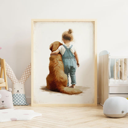 Golden Retriever Nursery Decor, Girl & Dog Wall Art, Kids Room Decor - WildfieldPrints
