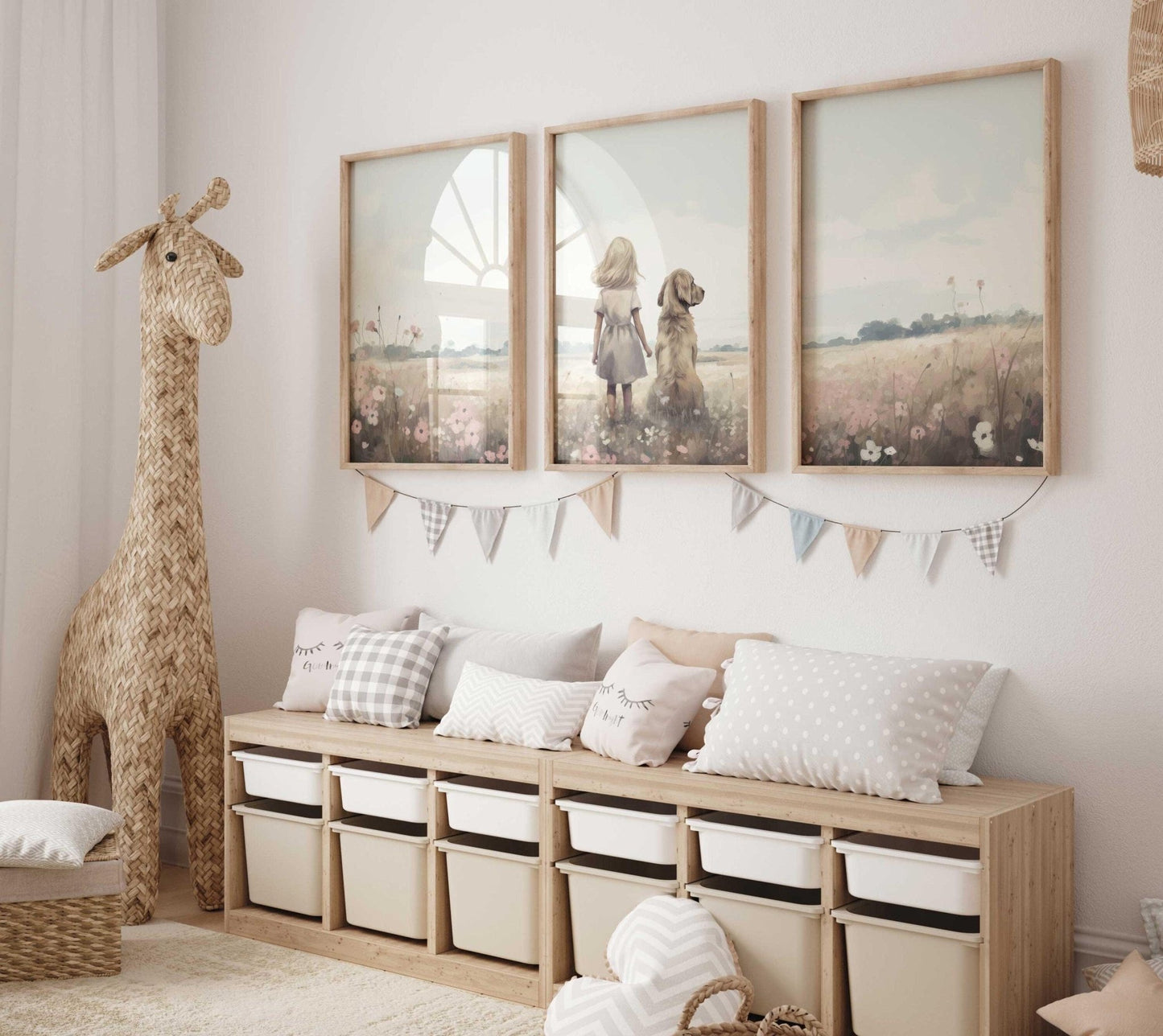 Golden Retriever Nursery Print, Blonde Girl and Dog Decor, Art for Kids - WildfieldPrints