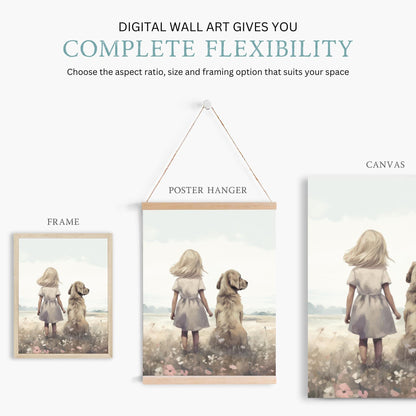 Golden Retriever Nursery Print, Blonde Girl and Dog Decor, Art for Kids - WildfieldPrints