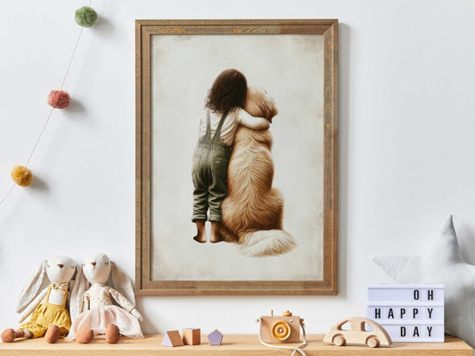 Golden Retriever Nursery Print, Girl and Dog Artwork, Toddler Room Decor - WildfieldPrints