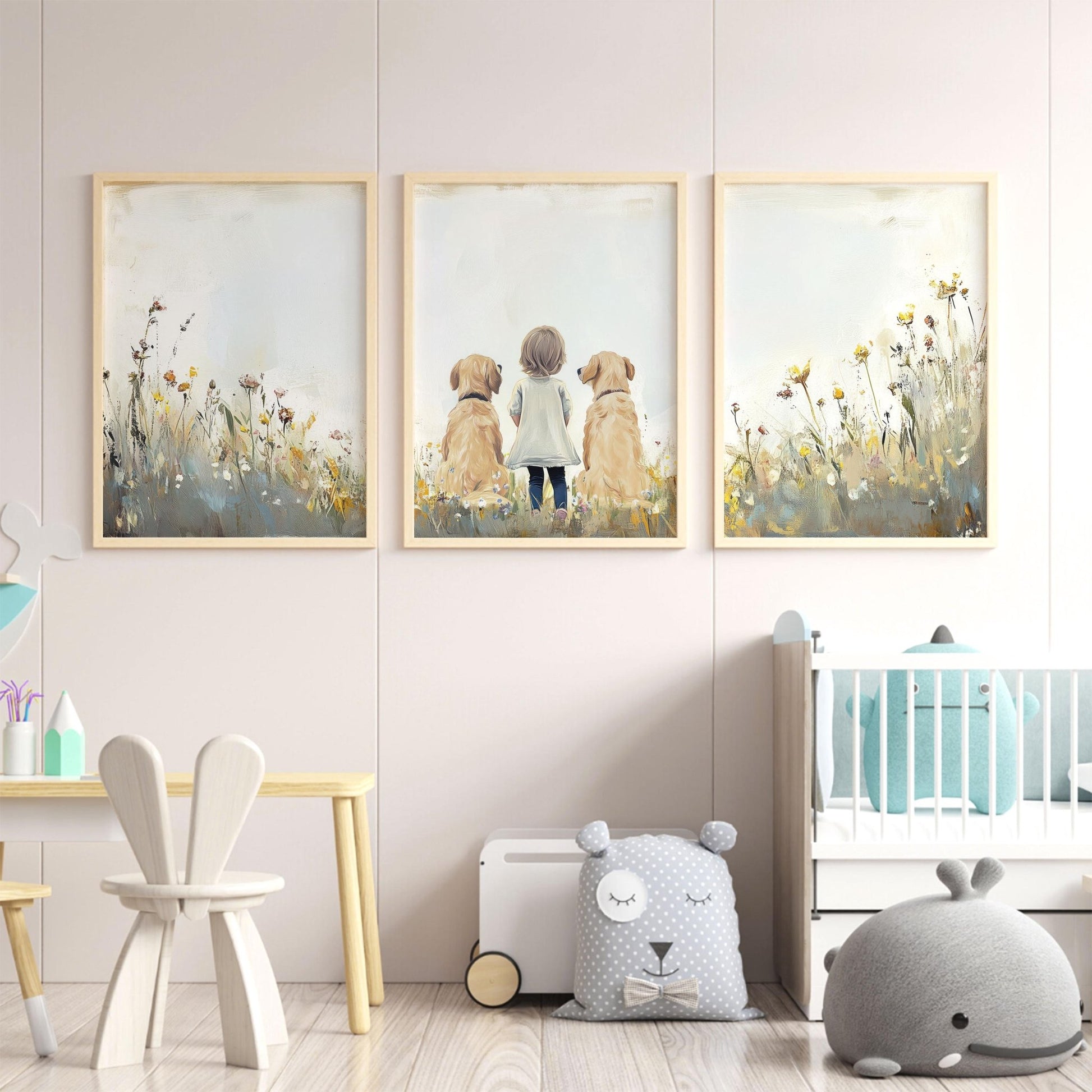 Golden Retriever Nursery Print, Set of 3, Dog Family Portrait, Dog Nursery Decor, Dog Wall Art, Kids with Dogs, Printable Dog Wall Art Girls - My Store