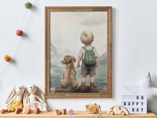Golden Retriever Print Nursery, Boy & Dog Painting, Golden Retriever Portrait Kids, Puppy Nursery Wall Art, Printable Dog Wall Art for Boy - My Store