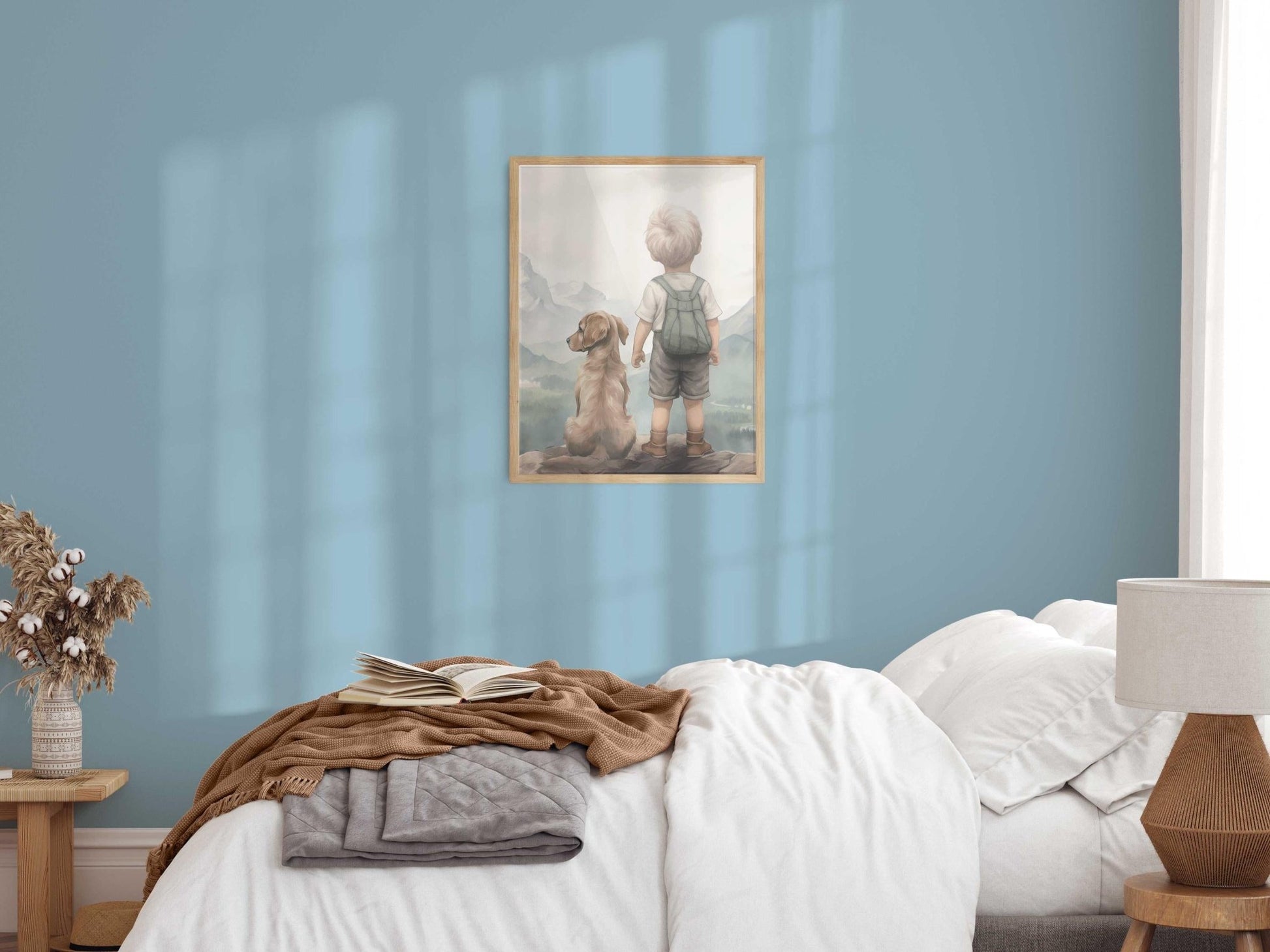 Golden Retriever Print Nursery, Boy & Dog Painting, Golden Retriever Portrait Kids, Puppy Nursery Wall Art, Printable Dog Wall Art for Boy - My Store