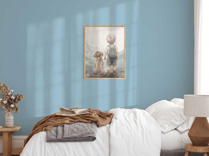 Golden Retriever Print Nursery, Boy & Dog Painting, Golden Retriever Portrait Kids, Puppy Nursery Wall Art, Printable Dog Wall Art for Boy - My Store
