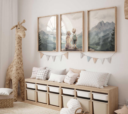 Golden Retriever Prints, Boy & Dog Wall Decor, Mountain Nursery Art - WildfieldPrints