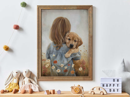 Golden Retriever Puppy Nursery Art, Vintage Dog Decor for Girls - WildfieldPrints