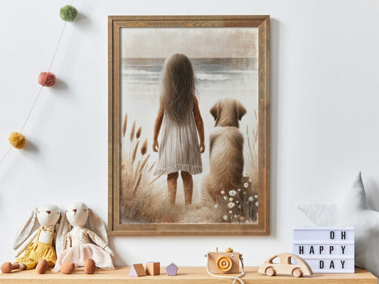 Golden Retriever Wall Art, Girl & Dog Decor, Nursery Painting - WildfieldPrints